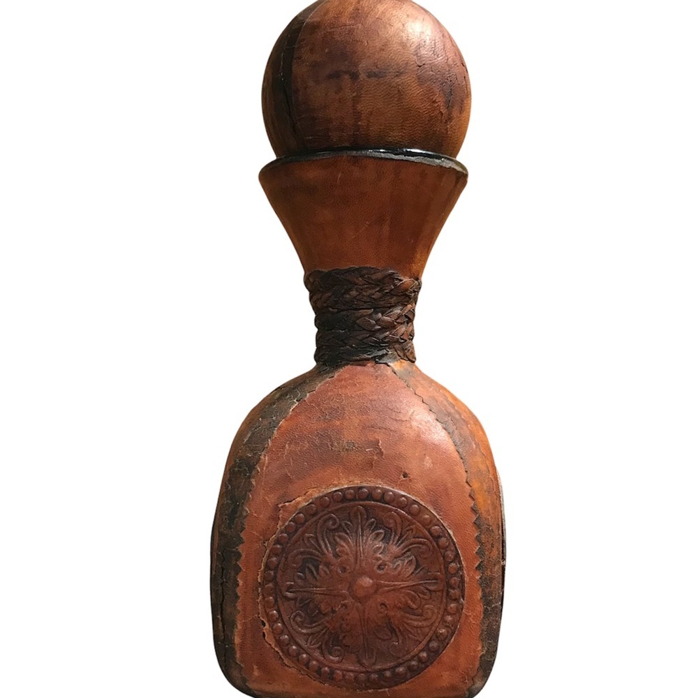 Vintage leather decanter bottle wine antique brown embossed cork glass